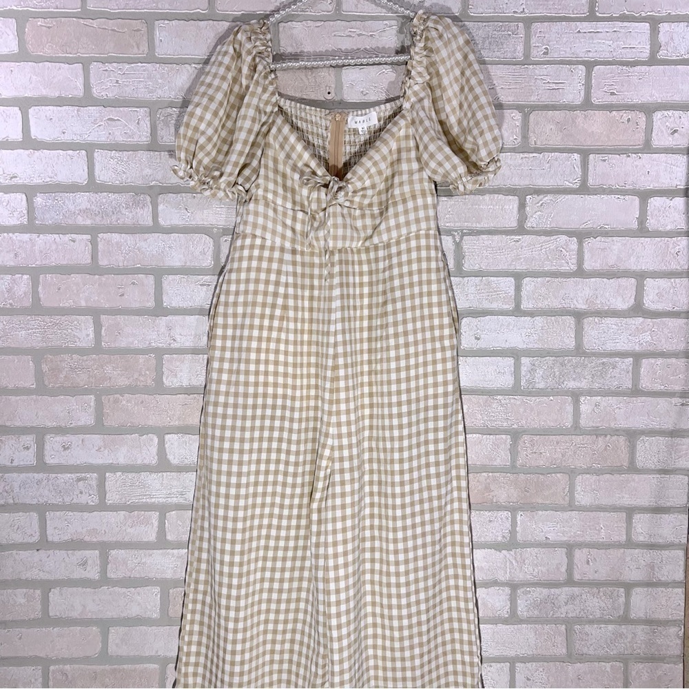 Mable Amaya Gingham Plaid Puff Short Sleeve Jumpsuit in Cognac Size M - Picture 3 of 10